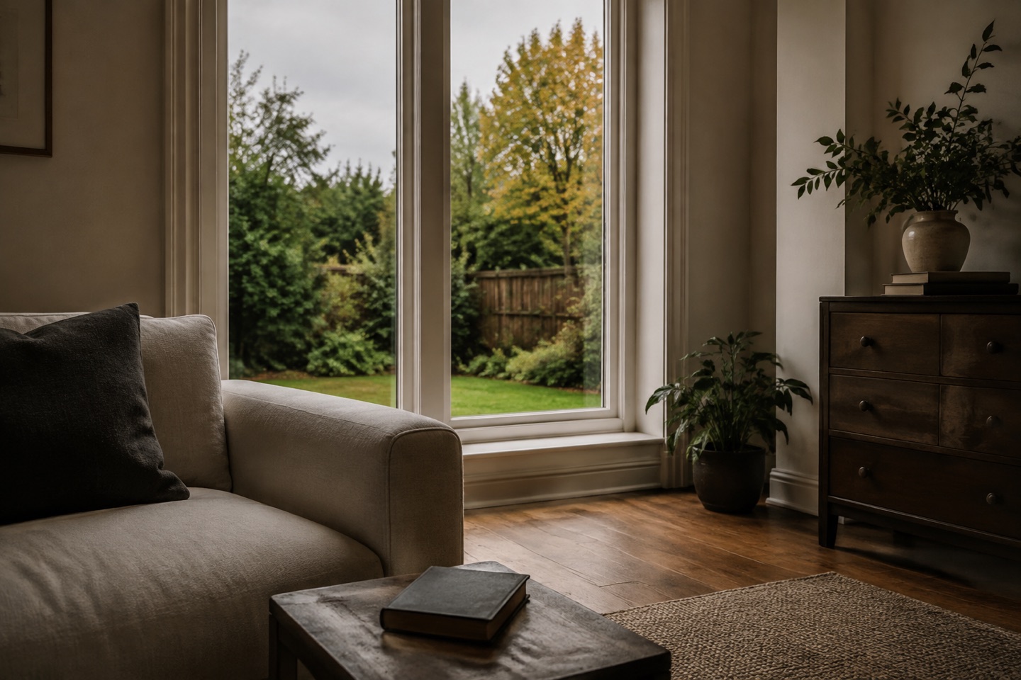 Living room with a leafy outlook and natural everyday details