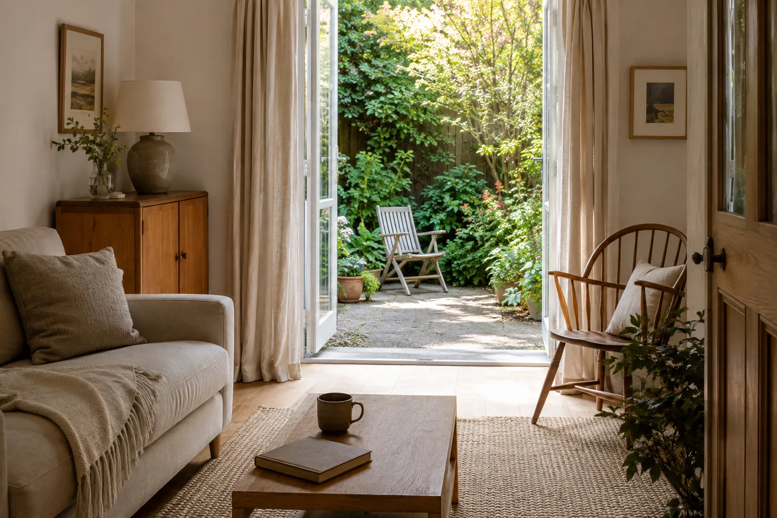 Bungalow living room opening onto a small leafy courtyard