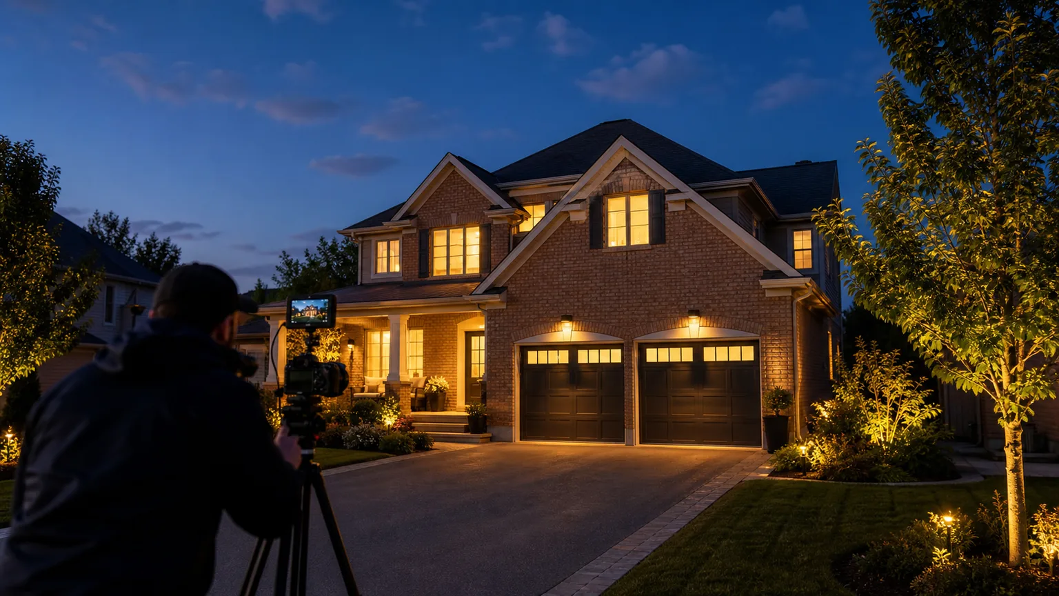 Architectural photographer working outside a brick home at dusk