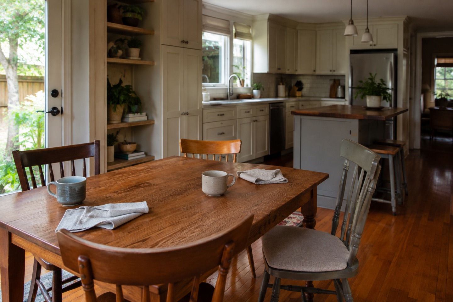 An open kitchen and dining area connected to a garden